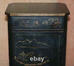 Pair Of Chinese Antique Hand Painted Chinoiserie Side Table Cabinets Cupboards