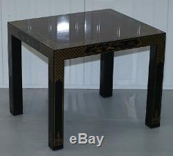 Pair Of Chinese Oriental Lacquered Side Tables Ornately Decorated Lovely Timber