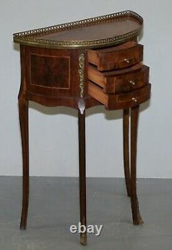 Pair Of Circa 1900 French Burr Walnut Brass Gallery Rail Demi Lune Side Tables
