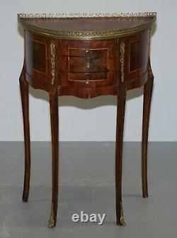 Pair Of Circa 1900 French Burr Walnut Brass Gallery Rail Demi Lune Side Tables