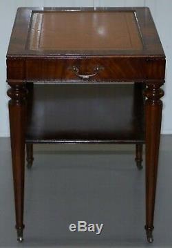 Pair Of Fully Restored Vintage Flamed Mahogany Brown Leather Side Lamp Tables