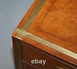 Pair Of Luxury Brown Leather, Brass Framed Bedside / Side Table Chest Of Drawers