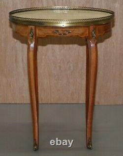 Pair Of Oval Oak Single Drawer Marble Topped Brass Gallery Rail Side End Tables