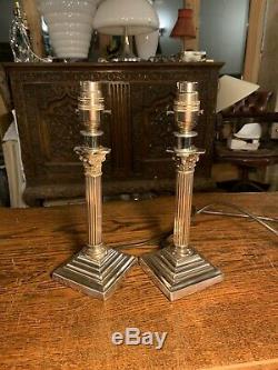 Pair Of Silver Plated Corinthian Pillared Nelsons Column Table Lamp