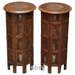 Pair Of Tall Liberty's Circa 1900 Syrian Hand Carved Rosewood Side End Tables