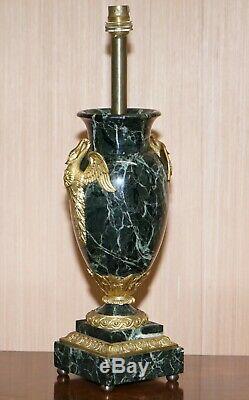 Pair Of Verde Marble Swan Gilt Metal Handle Mounted Vase Table Lamps Circa 1900