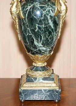 Pair Of Verde Marble Swan Gilt Metal Handle Mounted Vase Table Lamps Circa 1900