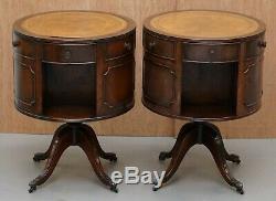 Pair Of Vintage Brown Leather Topped Revolving Bookcases Side Table Drawers Size