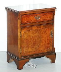 Pair Of Vintage Burr Walnut Wood Lamp Side End Wine Table Cupboards With Drawers