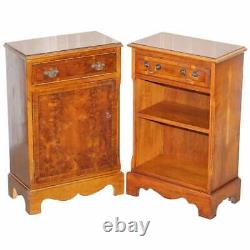 Pair Of Vintage Burr Yew Wood Lamp Side End Wine Table Cupboards With Drawers