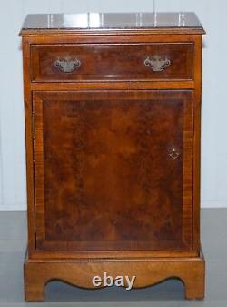 Pair Of Vintage Burr Yew Wood Lamp Side End Wine Table Cupboards With Drawers