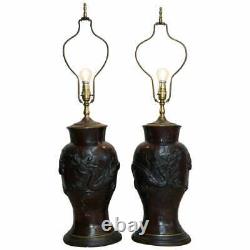 Pair Of Vintage Chinese Export Bronze Table Lamps With Dragons & Floral Decor