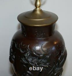 Pair Of Vintage Chinese Export Bronze Table Lamps With Dragons & Floral Decor