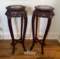 Pair Vintage Chinese Chippendale Mahogany Pedestal Plant Stands, Marble Top, 36