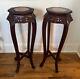 Pair Vintage Chinese Chippendale Mahogany Pedestal Plant Stands, Marble Top, 36