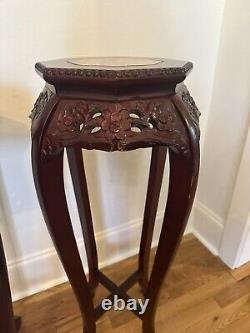 Pair Vintage Chinese Chippendale Mahogany Pedestal Plant Stands, Marble Top, 36