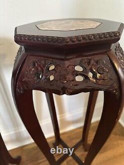 Pair Vintage Chinese Chippendale Mahogany Pedestal Plant Stands, Marble Top, 36