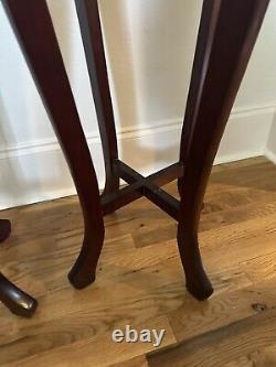 Pair Vintage Chinese Chippendale Mahogany Pedestal Plant Stands, Marble Top, 36