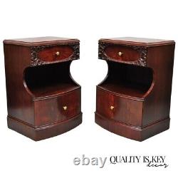 Pair Vtg Chinese Chippendale Flame Mahogany 2 Drawer Nightstands Bedside Tables