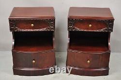 Pair Vtg Chinese Chippendale Flame Mahogany 2 Drawer Nightstands Bedside Tables