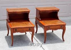 Pair of Vintage Two-Tier Leather Step Side Tables With Drawers