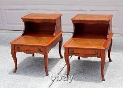 Pair of Vintage Two-Tier Leather Step Side Tables With Drawers