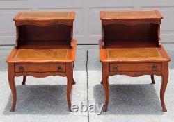 Pair of Vintage Two-Tier Leather Step Side Tables With Drawers