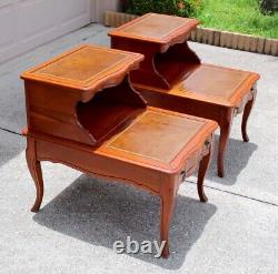 Pair of Vintage Two-Tier Leather Step Side Tables With Drawers