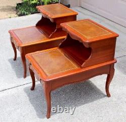 Pair of Vintage Two-Tier Leather Step Side Tables With Drawers