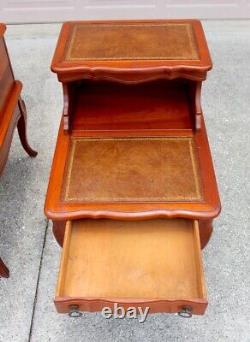 Pair of Vintage Two-Tier Leather Step Side Tables With Drawers