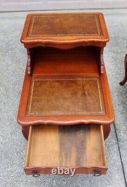 Pair of Vintage Two-Tier Leather Step Side Tables With Drawers