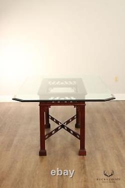 Pennsylvania Hus. Chinese Chippendale Style Carved Cherry Glass Top Dining Table
