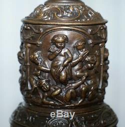 Rare Circa 1860 Bronzed Cherub Putti Angel Oil Lamp Converted Into Table Lamp