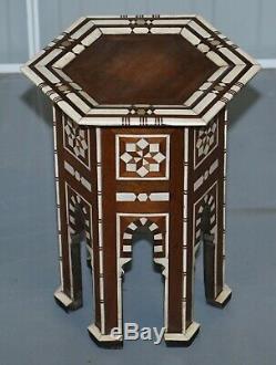 Rare Circa 1900 Syrian Bone Inlaid Hexagon Side Table Ideal For Lamps Display