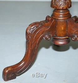 Rare Early 19th Century Burr Walnut Tripod Side Table Victorian Ornate Carving