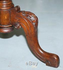 Rare Early 19th Century Burr Walnut Tripod Side Table Victorian Ornate Carving