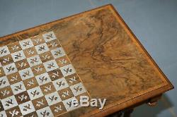 Rare Victorian 1860 Walnut With Silver Chess Board Games Table & Single Drawer