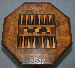 Rare Victorian 1880 Walnut Marquetry Chess Backgammon Cribbage Board Games Table