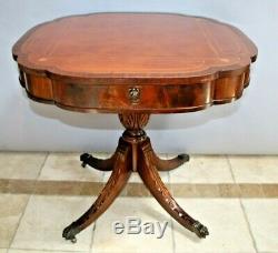 Rare Vintage Card Table Banded Mahogany Embossed Leather carved legs drawer