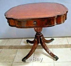 Rare Vintage Card Table Banded Mahogany Embossed Leather carved legs drawer