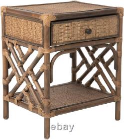 Rattan Bedside Table, Antique Brown Chippendale Design Nightstand