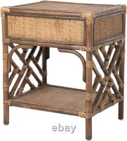 Rattan Bedside Table, Antique Brown Chippendale Design Nightstand