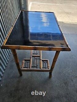 Rattan Chinese Chippendale Accent Table With Black lacquer Top