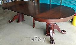 Round 4' 8' Mahogany Antique Dining Table, Split Pedestal, 6 Chippendale Chairs