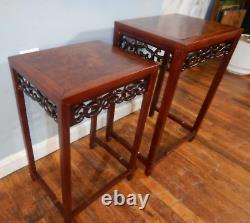 SET of 2 Chinese Rosewood NESTING TABLES Burl tops carved sides