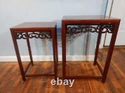 SET of 2 Chinese Rosewood NESTING TABLES Burl tops carved sides