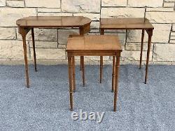 Set of 3 Baker Furniture Banded Burl Inlaid Mahogany Bamboo Nesting End Tables