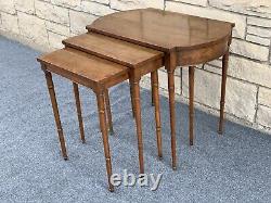 Set of 3 Baker Furniture Banded Burl Inlaid Mahogany Bamboo Nesting End Tables