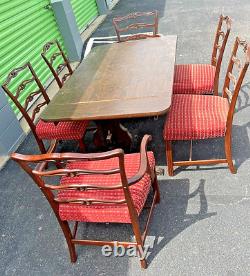 Set of Large Antique Table and Seven Mid Century Chippendale Style Chairs