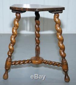 Small Edwardian English Oak Side, End, Lamp, Wine Table With Barley Twist Legs